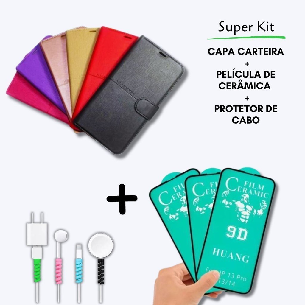 Capa Carteira + Película de Cêramica+ Protetor de Cabo Para Samsung Galaxy M13/ M23/ M30/ M30S/ M32 4G/ M52/ M53/ M54 5G