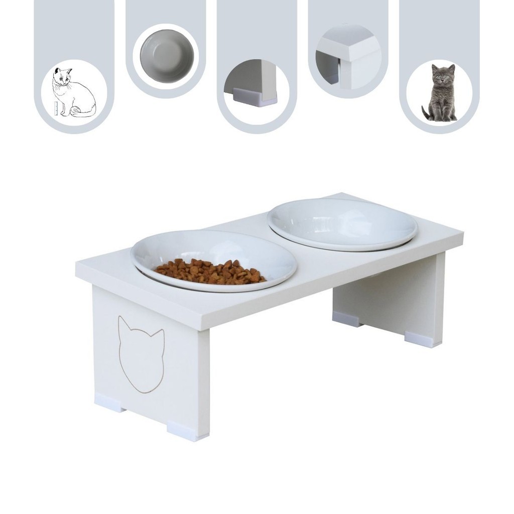 Comedouro Bebedouro Gato Elevado Ergonômico Duplo Pet MDF Duo Duetto