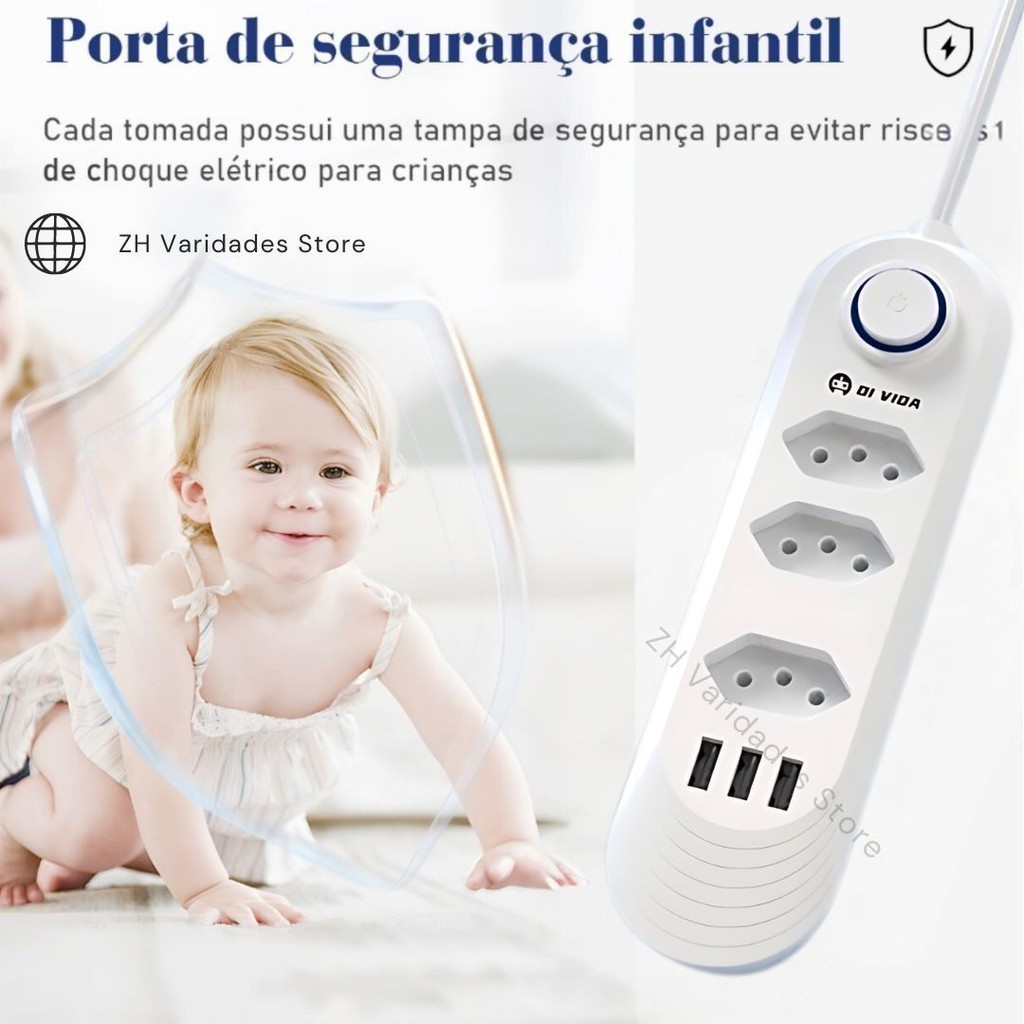 Filtro De Linha Extensão Régua 3 Tomadas 3 Usb Bivolt  2 metros