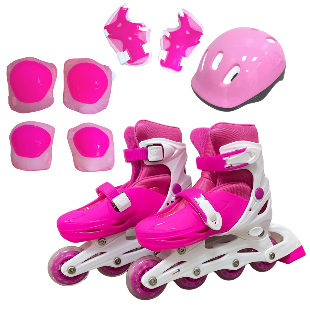 Patins Roller Inline Ajustável Rosa Com Tamanho Ajustavel 39 a 42 Com Kit Proteção Importway