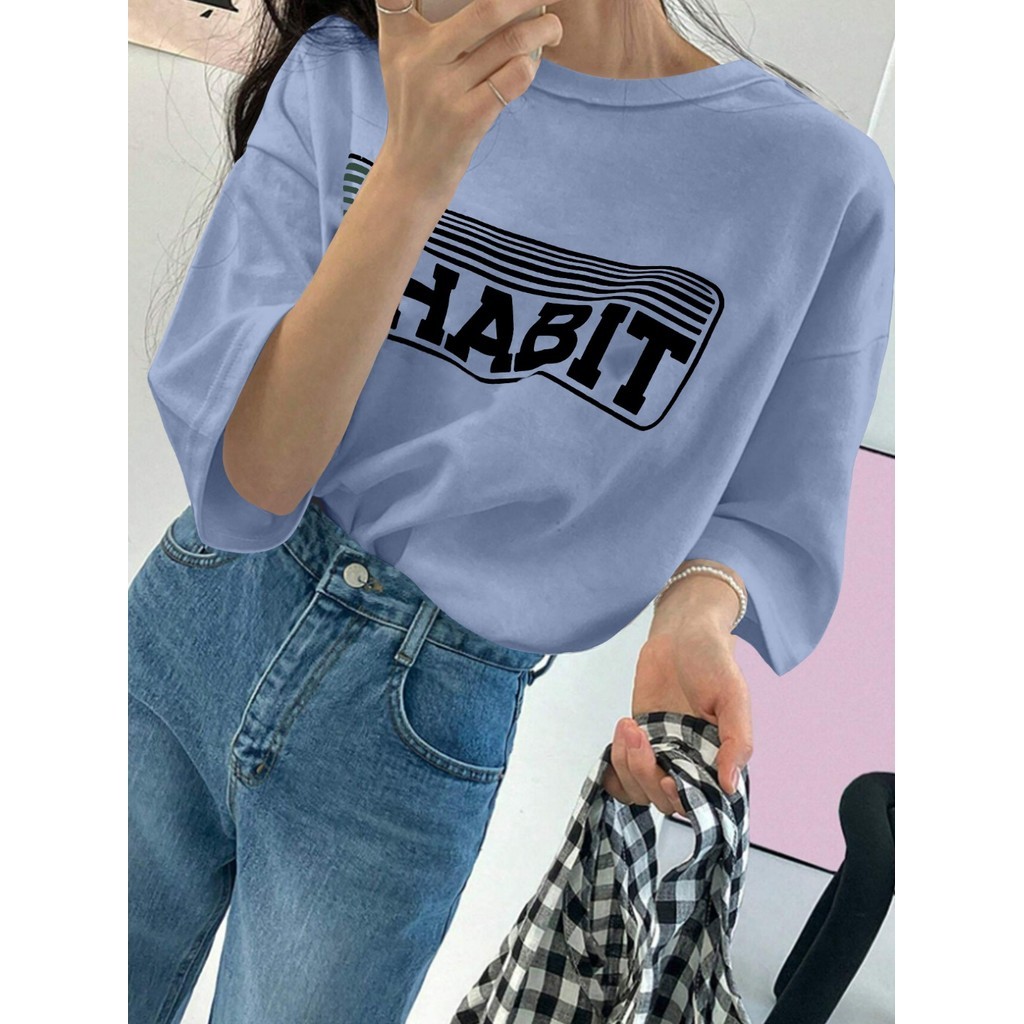Camisa Personalizada Azul Bebê Claro Estampa Habit Retangular Bordada Oversized Aesthetic