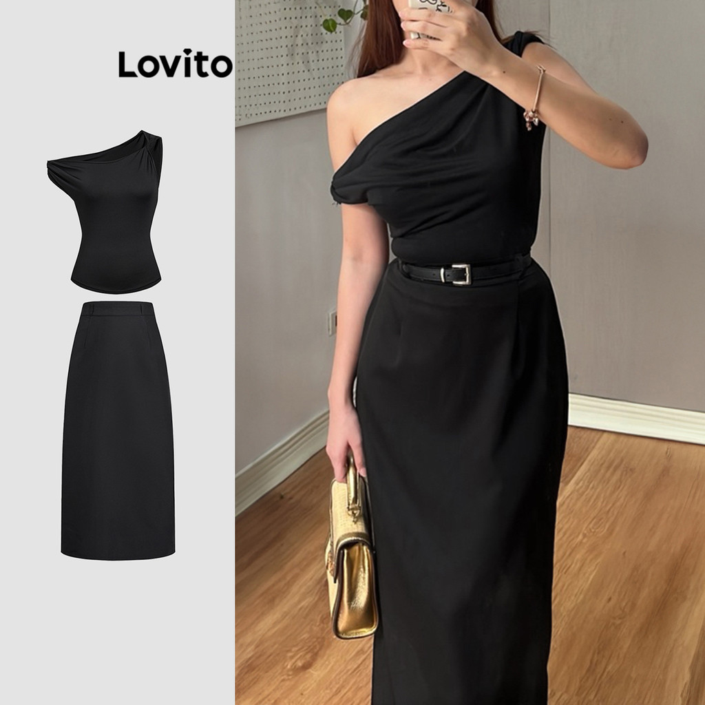 Lovito Mulheres elegantes simples ombro frio assimétrico Split frente Tops ou Bottoms L120ED1097 - Women Clothes