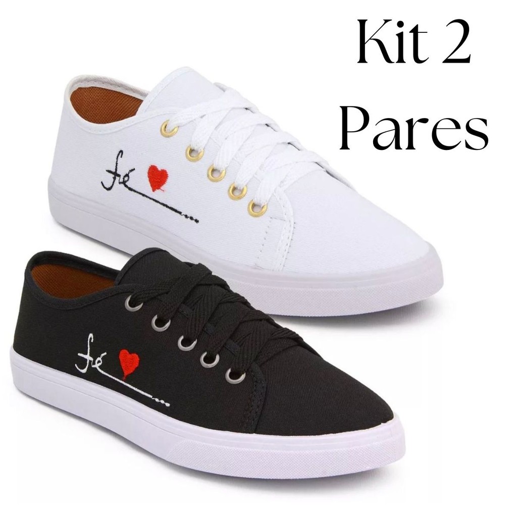 Kit 2 Tênis Feminino Fé Tradicional Preto Branco Confortável em Oferta na Shopee