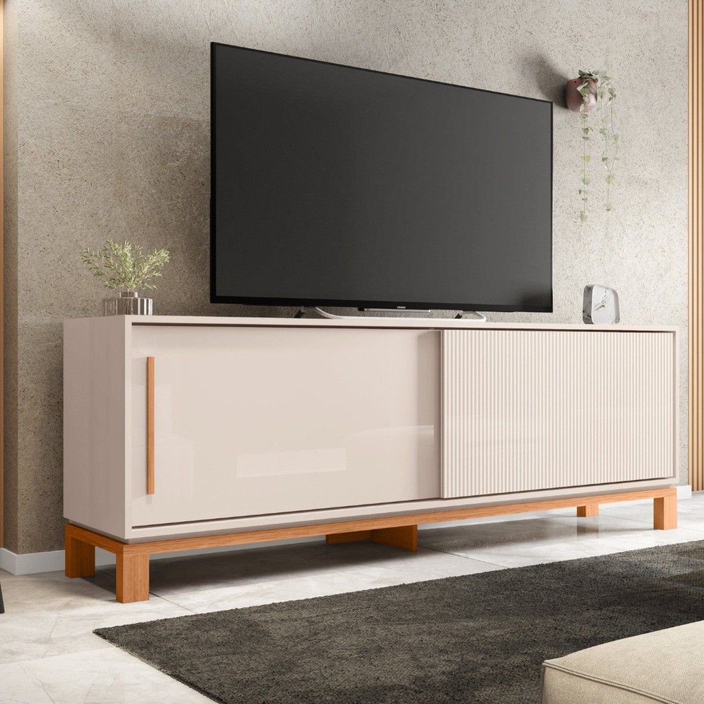 Rack para Tv até 65 Polegadas Portas com Textura Microrripada Pés Cavalete Mondrian 1.8 Off White/Freijó - Home & Living