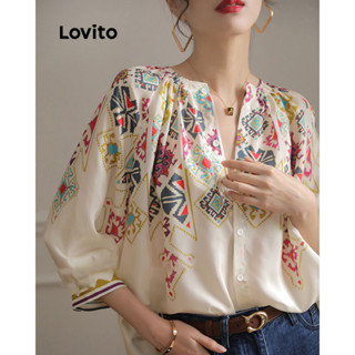 Lovito Blusa Casual com Estampa Tribal e Drapeado para Mulheres LNA17130 (Branco)