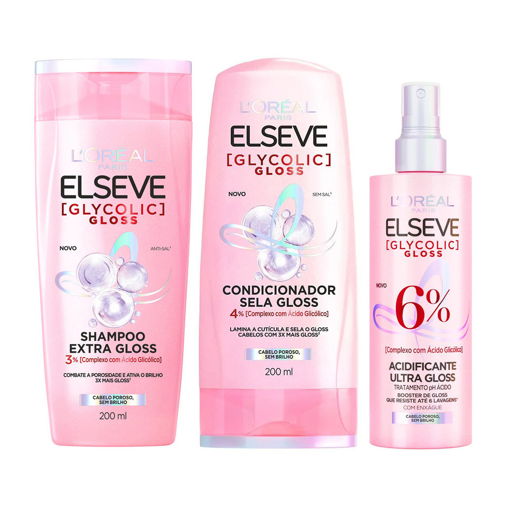 KIT ELSEVE GLYCOLIC GLOSS SH + COND + ACIDIFICANTE LORÉAL PARIS em Oferta na Shopee