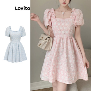 Lovito Vestido Casual Lisa com Mangas Bufantes e Jacquard para Mulheres L80ED262