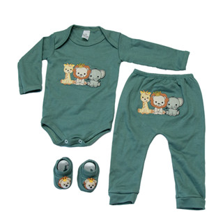 Body Bebê menino e menina Conjunto 3 peças com mijão bordado e sapatinho Safari em Oferta na Shopee