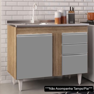 Balcão Gabinete 100cm Sem Tampo 2 Portas 2 Gavetas Luziania Castanho/Cinza - Lumil Móveis em Oferta na Shopee