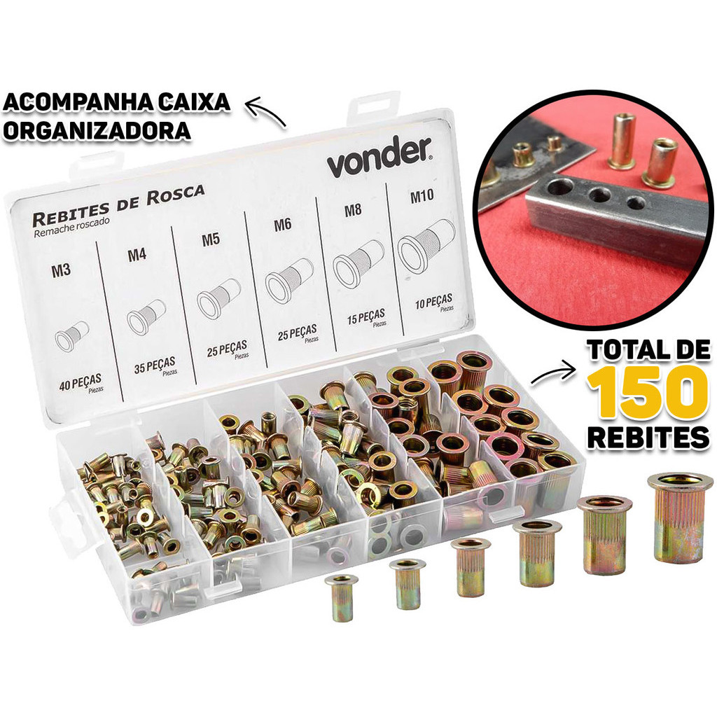 Jogo De Rebites De Rosca Aço Carbono Tamanhos M3 A M10 Com 150 Peças Para Rebitadores Manuais Ou Pneumáticos Vonder - Home & Living