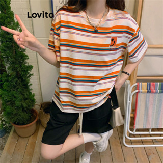 Lovito Camiseta Casual Listrada Com Padrão Colorblock Para Mulheres LNE39435 (Multicolorido)