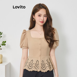Lovito Elegante Blusa Feminina Lisa com Ilhós Bordados e Botão Frontal L74ED377