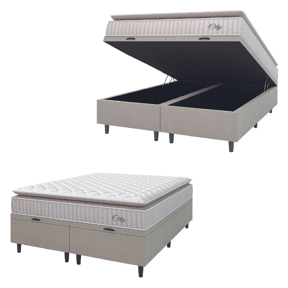 Cama Box Colchão Baú Casal Queen Molas Ensacadas City Pillow Top 158x198x64cm Branco / Bege Hellen em Oferta na Shopee