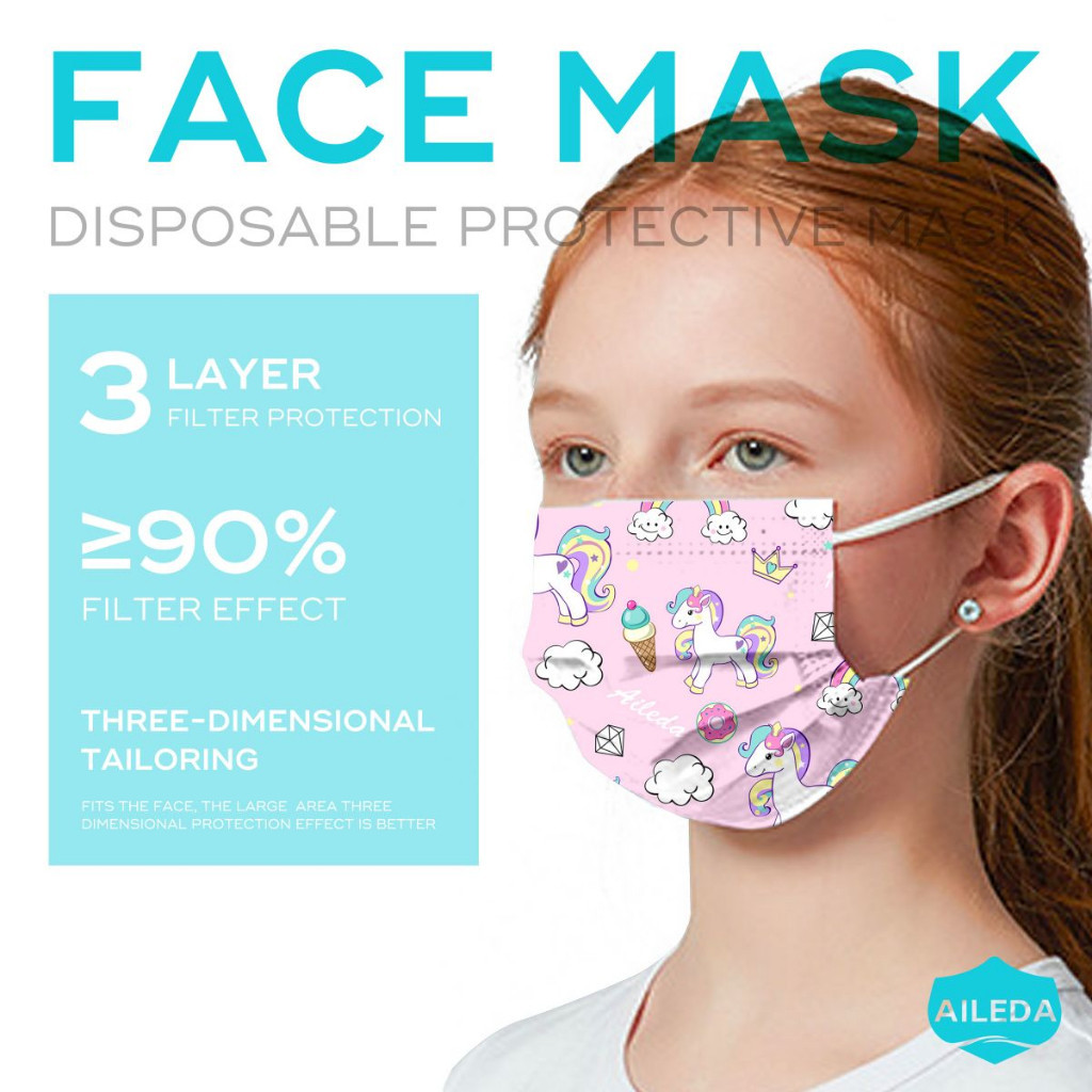 Kit 50 Unidades Aileda Máscara Facial Respirável Confortável Infantil Estampas