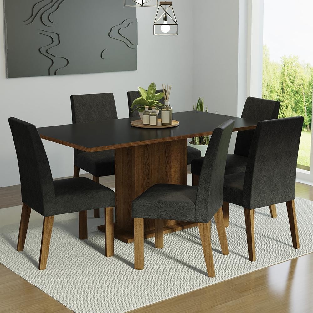 Conjunto Sala de Jantar Mesa Tampo de Madeira 6 Cadeiras Rustic/Preto/Oxford Renata Madesa - Home & Living