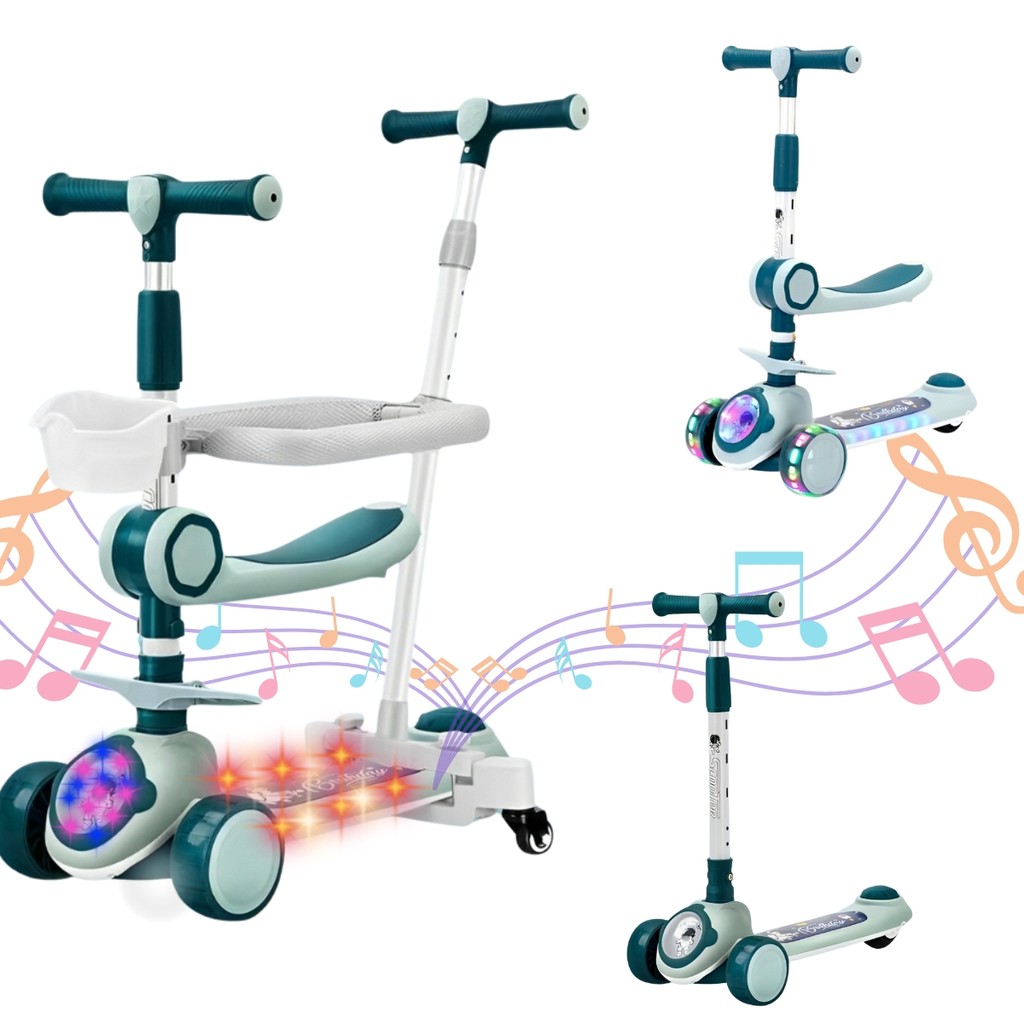 Patinete Infantil 3 em 1 Com Cesto Luzes Som Empurrador Azul Importway em Oferta na Shopee