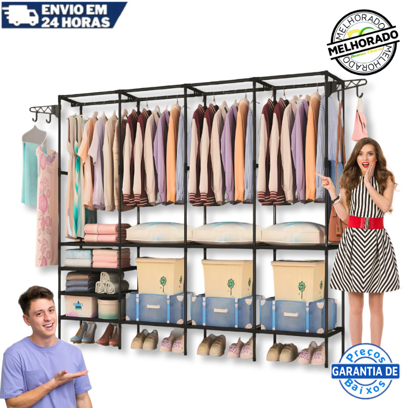 Arara Armário Com Sapateira Cabideiro E Prateleiras Preto Guarda Roupa Portátil Arara  Roupa Cabideiro Multifuncional