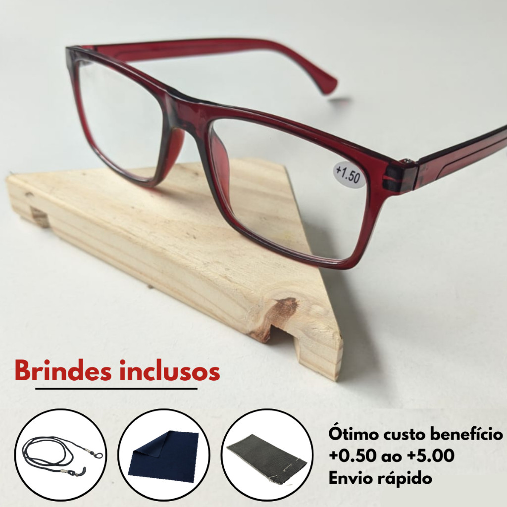 Óculos De Grau Para Leitura / Descanso / Trabalho Unissex + Cordão Capinha e Flanela - Graus 0.50 até 5.00 - Vermelho em Oferta na Shopee