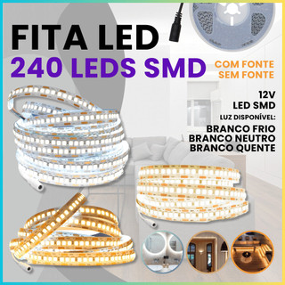 Fita Led 240SMD 12v 3528 Fita Rolo 5 Metros Branco quente frio neutro para Perfil IP20 Com Fonte