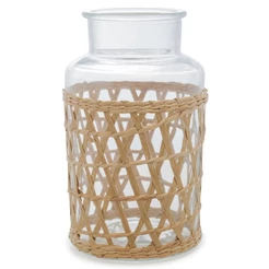 Vaso Wolff de Vidro e Fibra Natural 225mm x 125mm Decorativo para Flores e Plantas na Sala Rústico Sustentável Elegantes