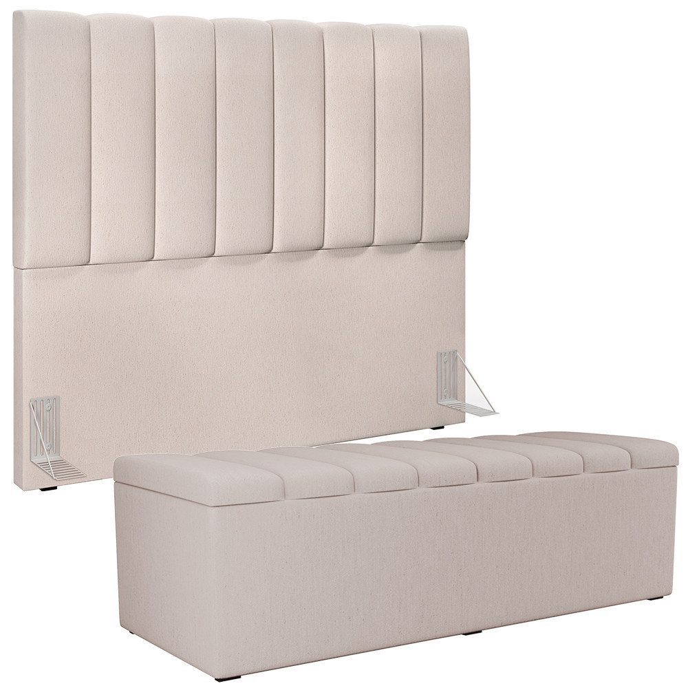 Kit Cabeceira Cama Box Casal 140cm e Calçadeira Recamier Baú Dália W01 Linho Cru - Lyam Decor - Home & Living