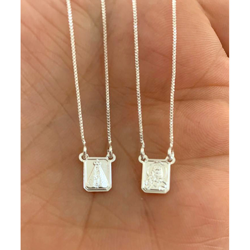 Escapulário Nossa Senhora Aparecida e Sagrado Coração de Jesus folheado a prata em Oferta na Shopee