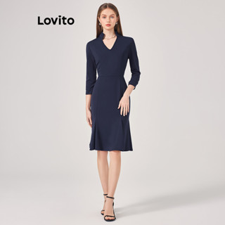 Lovito Elegante Vestido Feminino Liso Plissado L71ED245 (Azul Marinho)