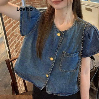 Lovito Top Jeans Casual Lisa com Botões para Mulheres LNA21050 (Azul)