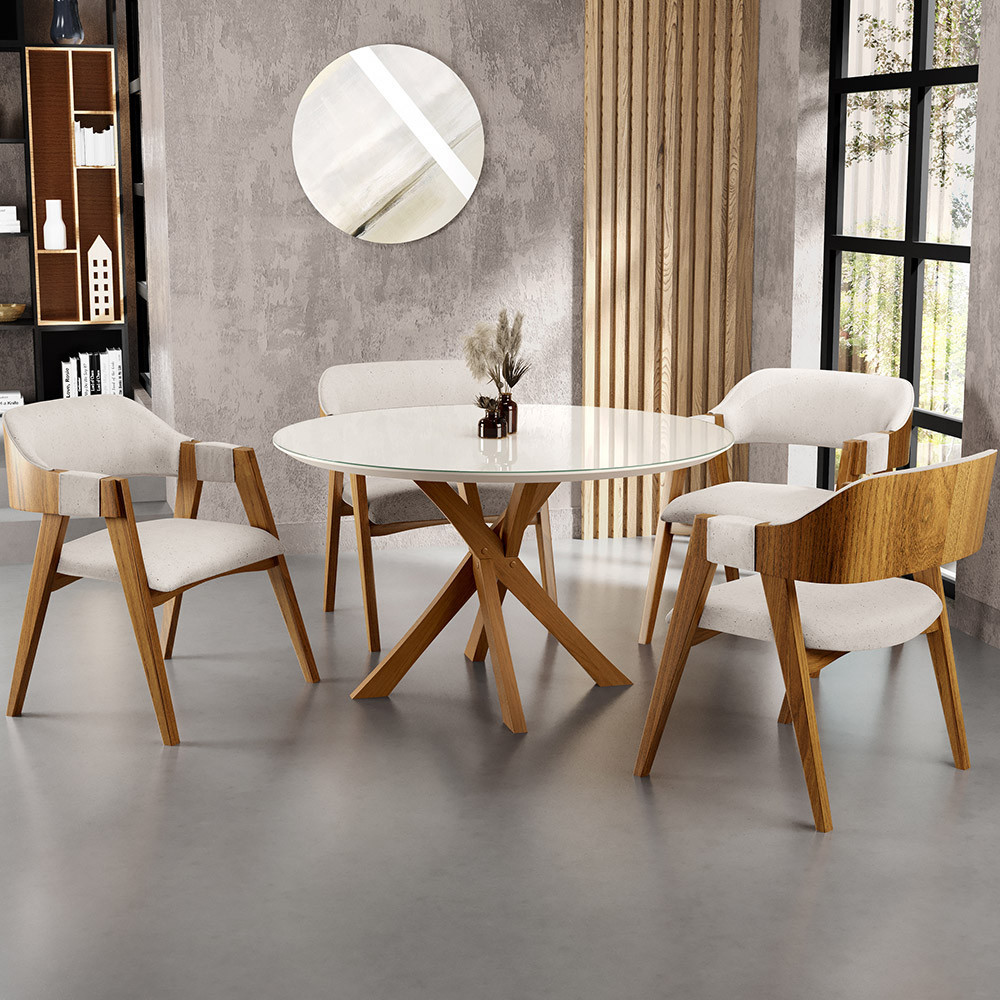 Mesa De Jantar Redonda Cora 120cm Off White M04 com 04 Cadeiras Living Suran Linho Cru - Lyam em Oferta na Shopee