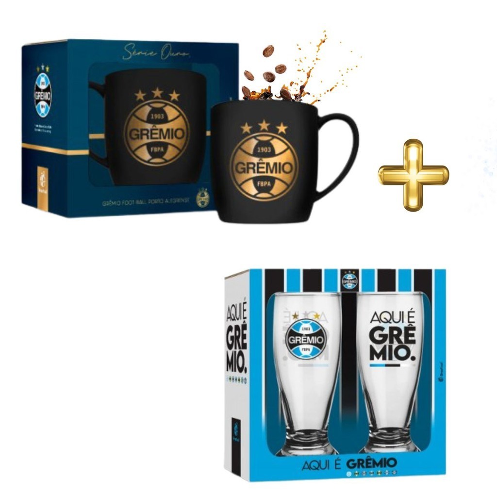 Kit 1 Caneca Xícara Preta Dourado Porcelana Urban + 2 Copos Munich Chopp Grêmio Oficial