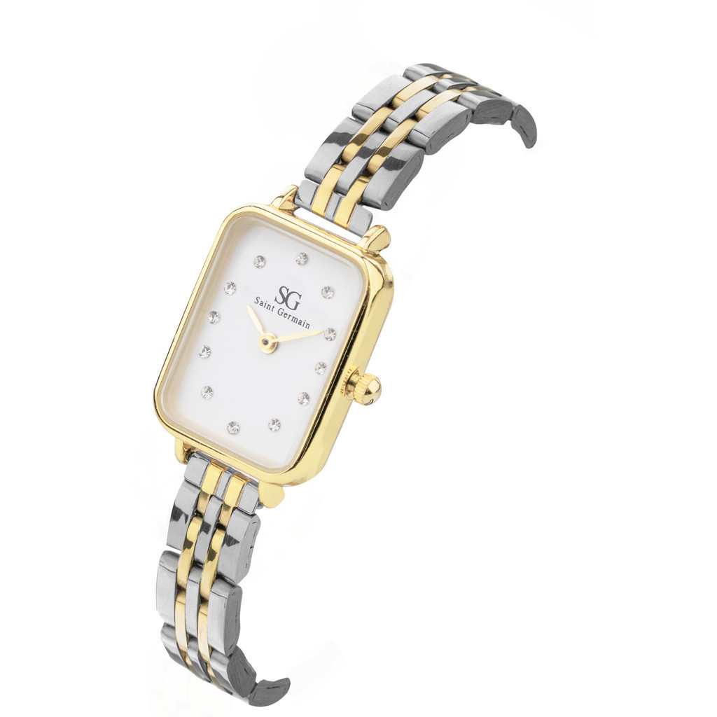 Relógio Feminino Prata Dourado Quadrado Saint Germain Square Madison Diamond Bicolor Gold