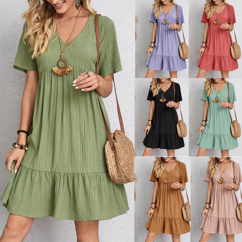 Vestidos De Verão Manga Curta V Linho De Algodão Pescoço Solto Mulher Casual Cor Sólida Plus