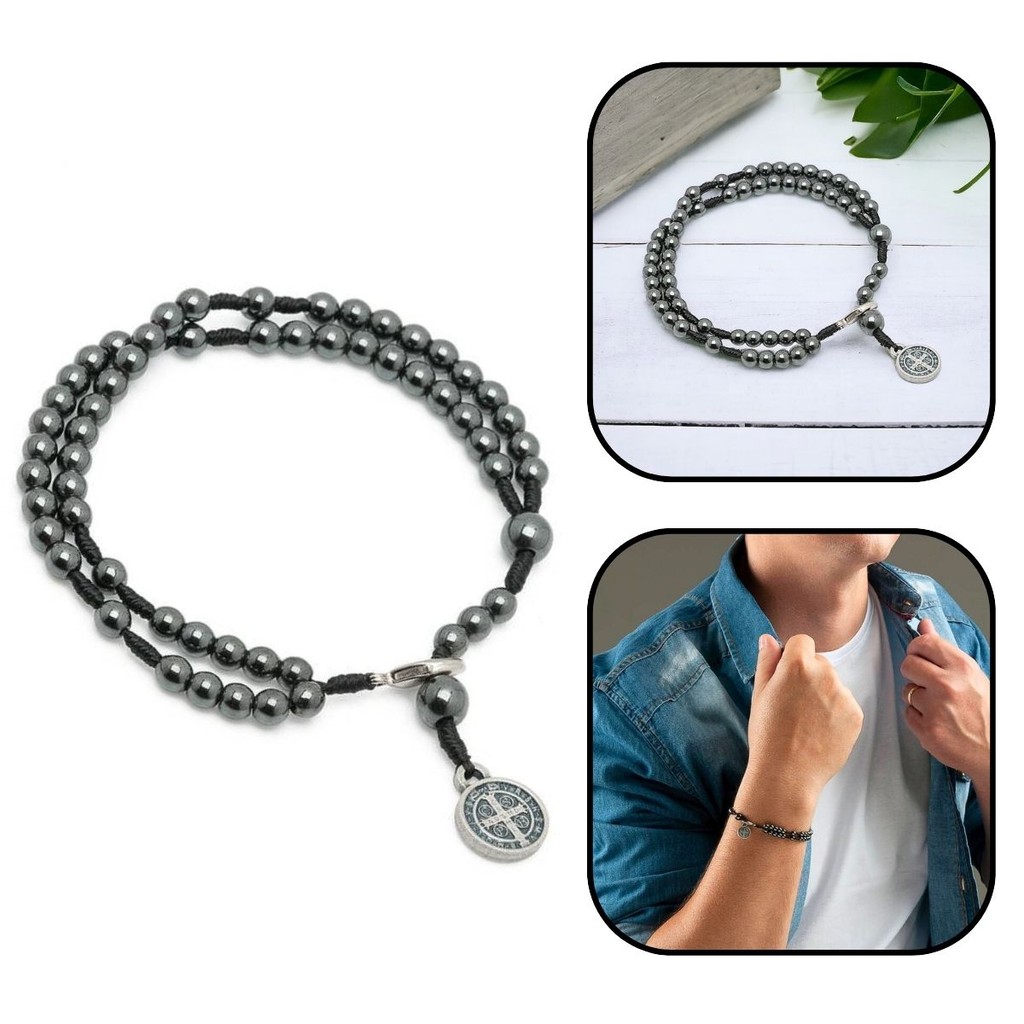Pulseira Terço De Pulso Medalha De São Bento Hematita 4 mm