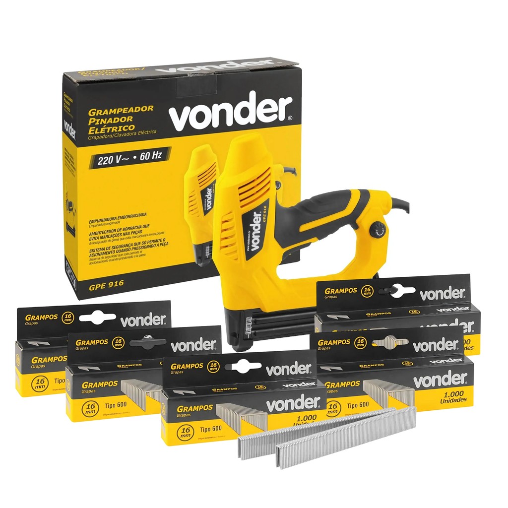 Grampeador Pinador Elétrico GPE916 220v + 5 Caixas c/ 1000 Grampos 16mm Vonder