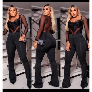 Calça Lipo Feminina Flare Suplex Com Bolsos  Cintura Alta Aperta barriga Confortavel