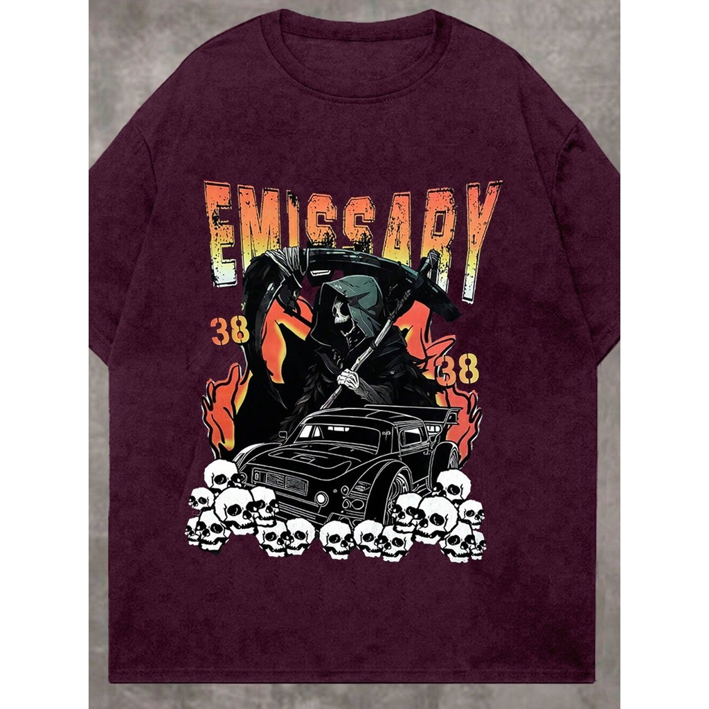 T Shirt Streetwear Casual Camisa Bordada Personalizada Estampa Emissary Caveira Fantasma Morte Fogo