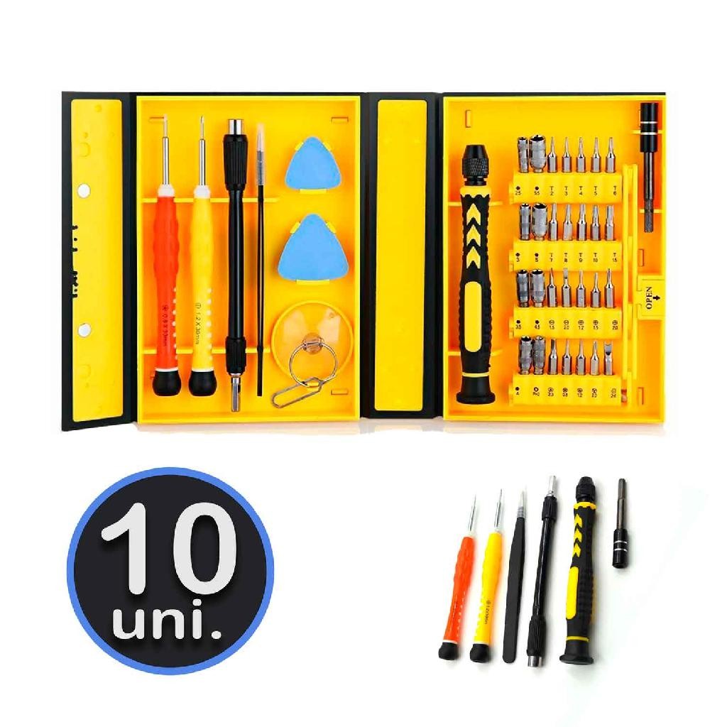 Kit 10 Conjuntos de Chaves Precisão 38 Peças para Celular, Notebook e Eletrônicos - Torx, Fenda, Philips