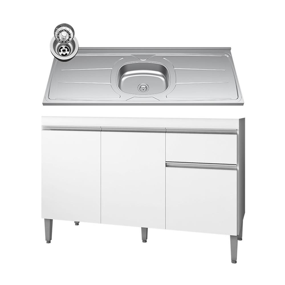 Balcão Gabinete Com Pia Inox 120cm 3 Portas e 1 Gaveta Tatiane Branco - AJL Móveis - Home & Living
