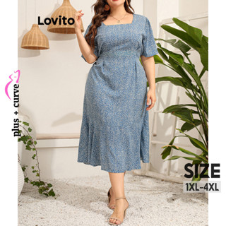 Lovito Vestido Plissado Floral Elegante E Elegante Plus Size Para Mulheres LNL37173 (Azul)