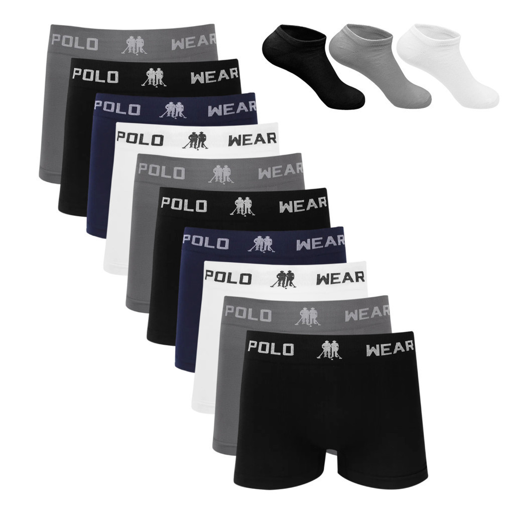 Kit 10 Cueca Boxer Polo Wear Microfibra Sortido + 3 Meias M4