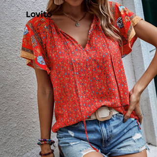 Lovito Boho Blusa Feminina Franzida com Estampa Tribal e Laço Frontal LBL08314