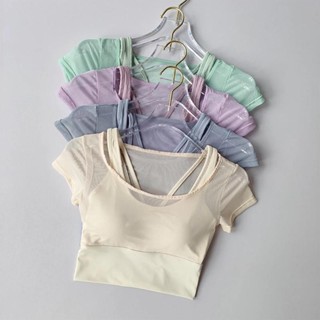 Fato De Treinamento Feminino Pilates Fitness Peito Almofada De Yoga Top Secagem Rápida Esportes De Alta Sensação Esportiva De Manga Curta Respirável em Oferta na Shopee