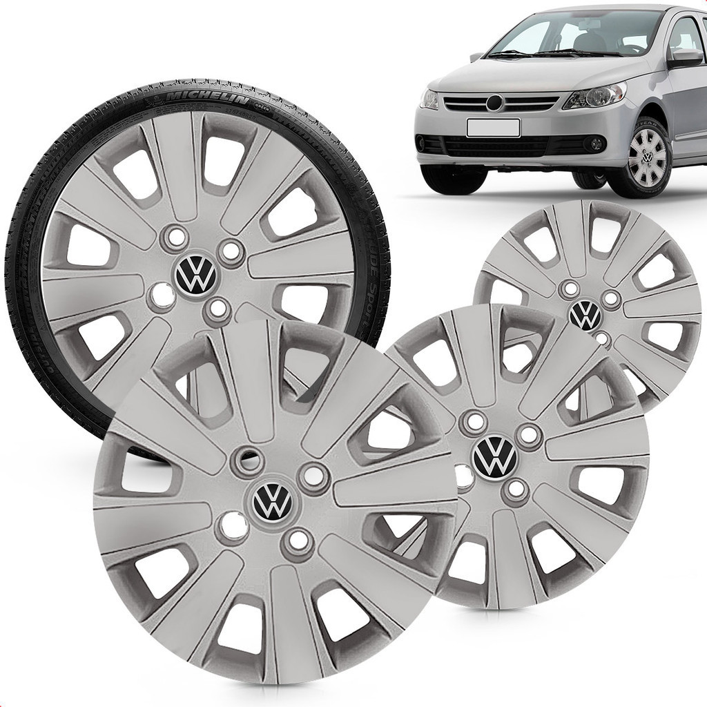 Kit 4 Calotas Voyage G5 2009 A 2010 Aro 14 Prata Cubo Alto Grid + Adesivo Resinado 48Mm Vw Preto (4 Pc)