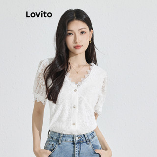 Lovito Blusa Feminina Casual De Renda Lisa Com Bordado De Ilhó E Botão Frontal L77ED023