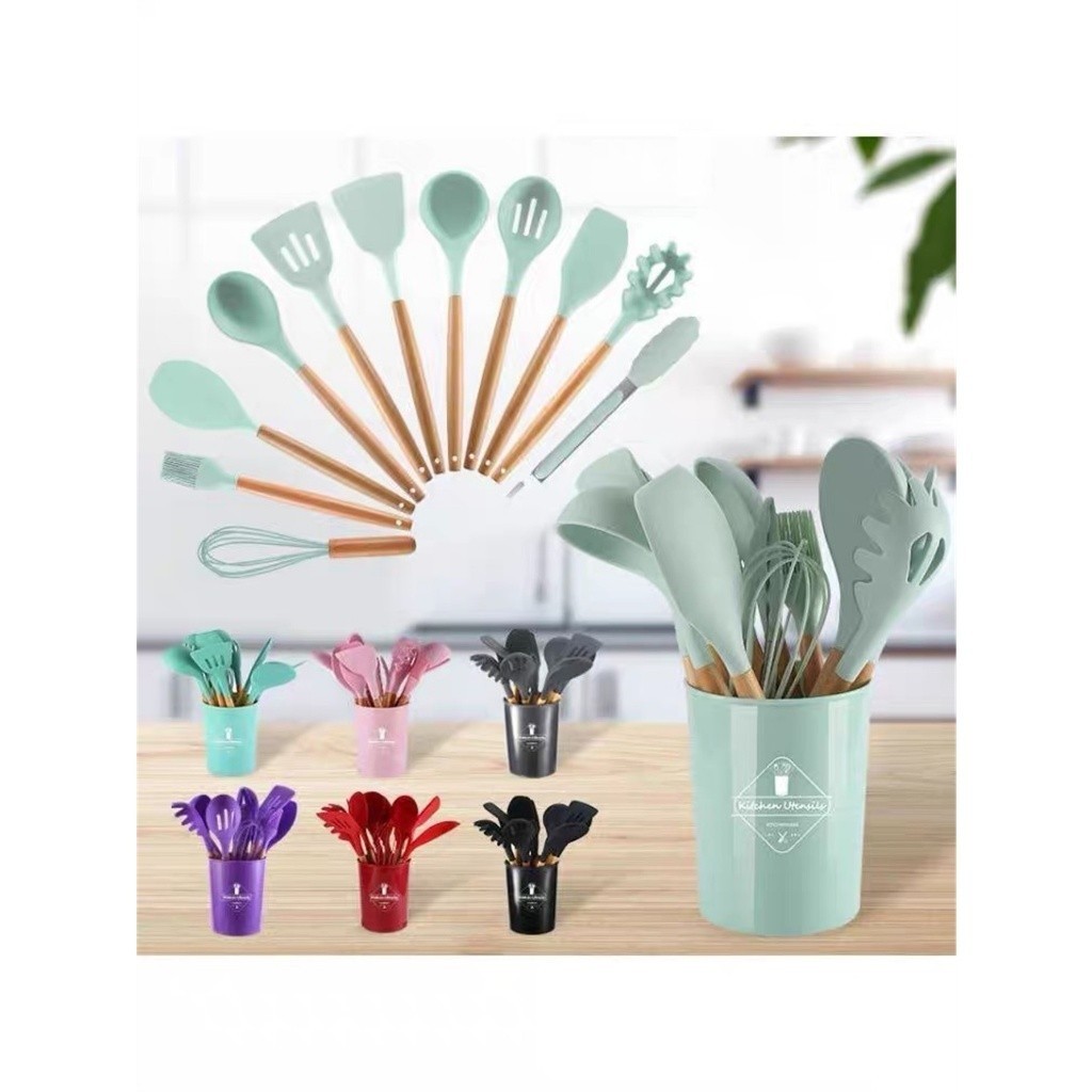 KIT de Utensílios Silicone e Bambu Para Cozinha Em 12 Peças Cabo Bambu Decoração Livre BPA