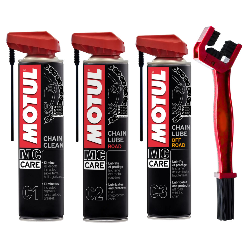 KIT MOTUL MC CARE C1 CHAIN CLEAN 400 ML + C2 CHAIN LUBE ROAD + C3 CHAIN LUBE OFF ROAD + ESCOVA em Oferta na Shopee