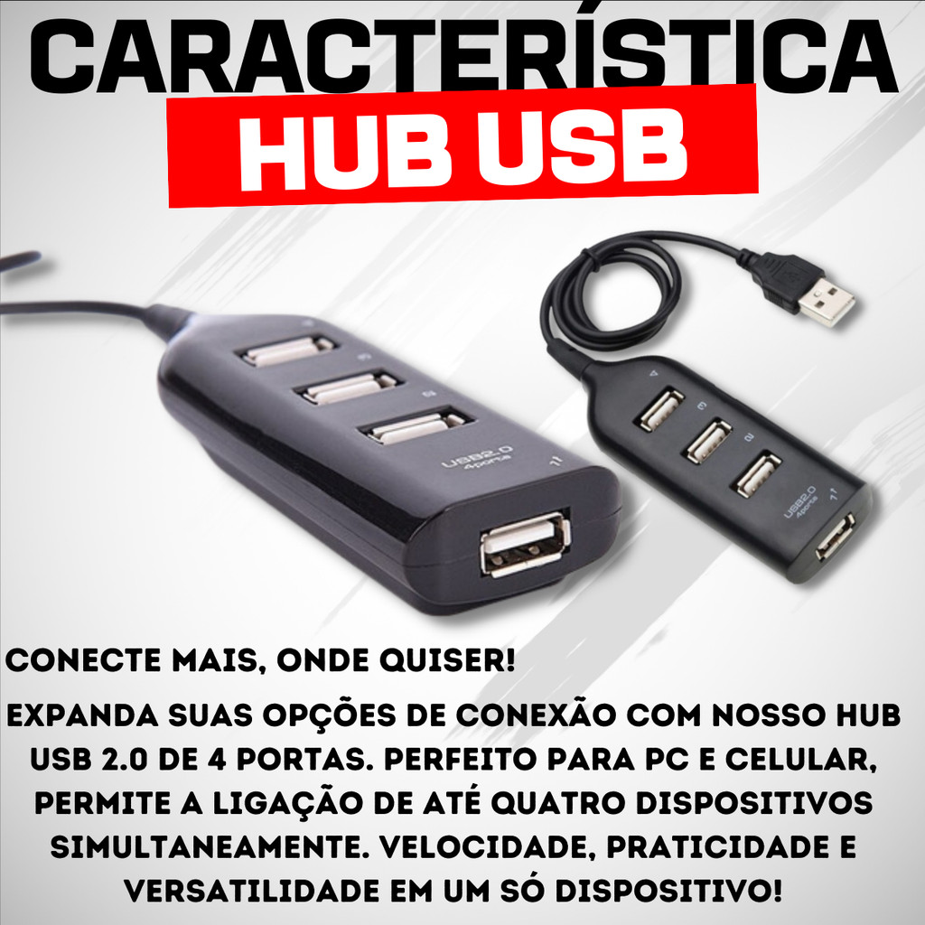 Kit Hub 4 Portas Extensor Usb + Cabo Otg Adaptador Micro Usb V8 Para Celular Mobilador Veloz