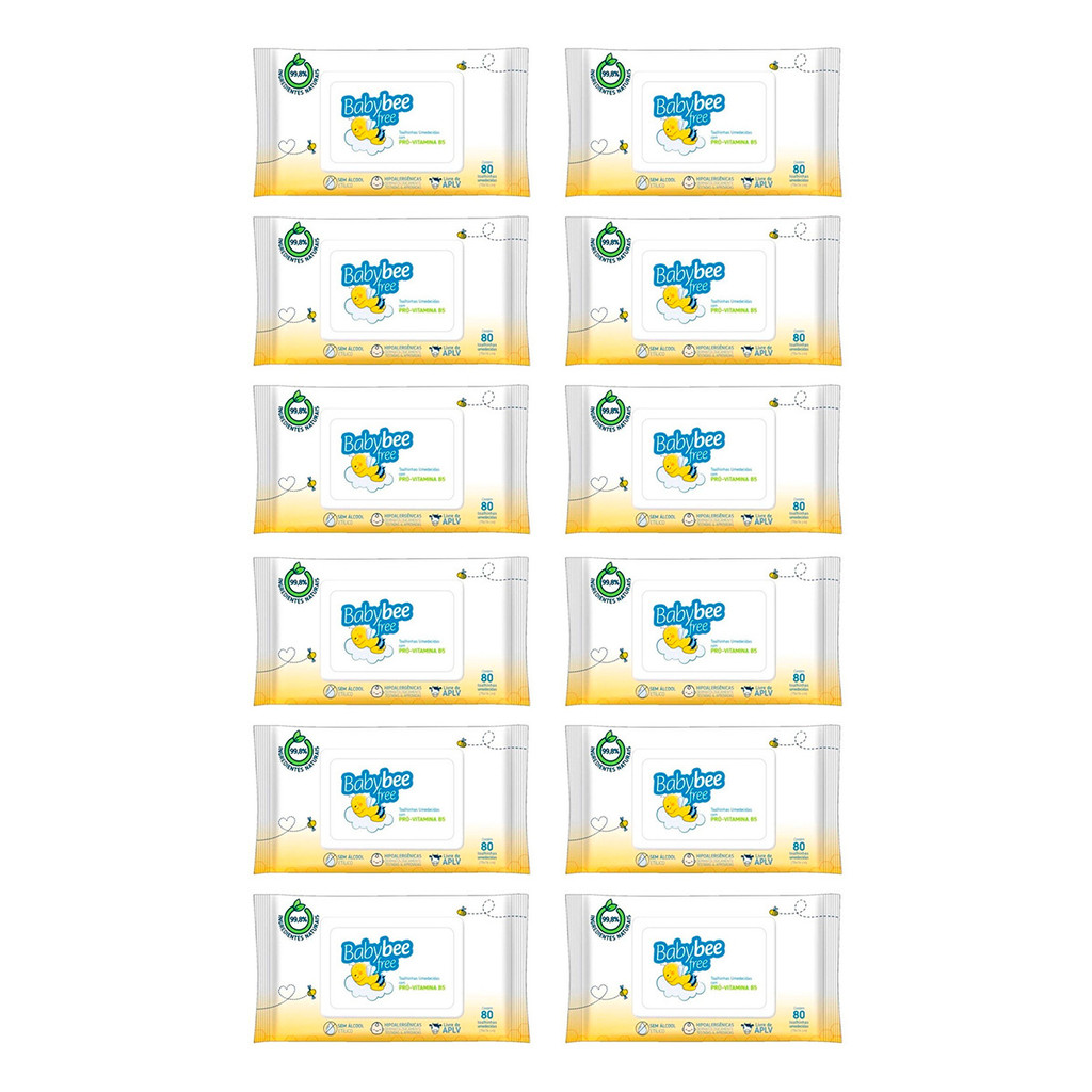 Baby Bee Free Kit 12un Toalha Umedecida Suavidade e Cuidado Diário - 80un Cada Pacote