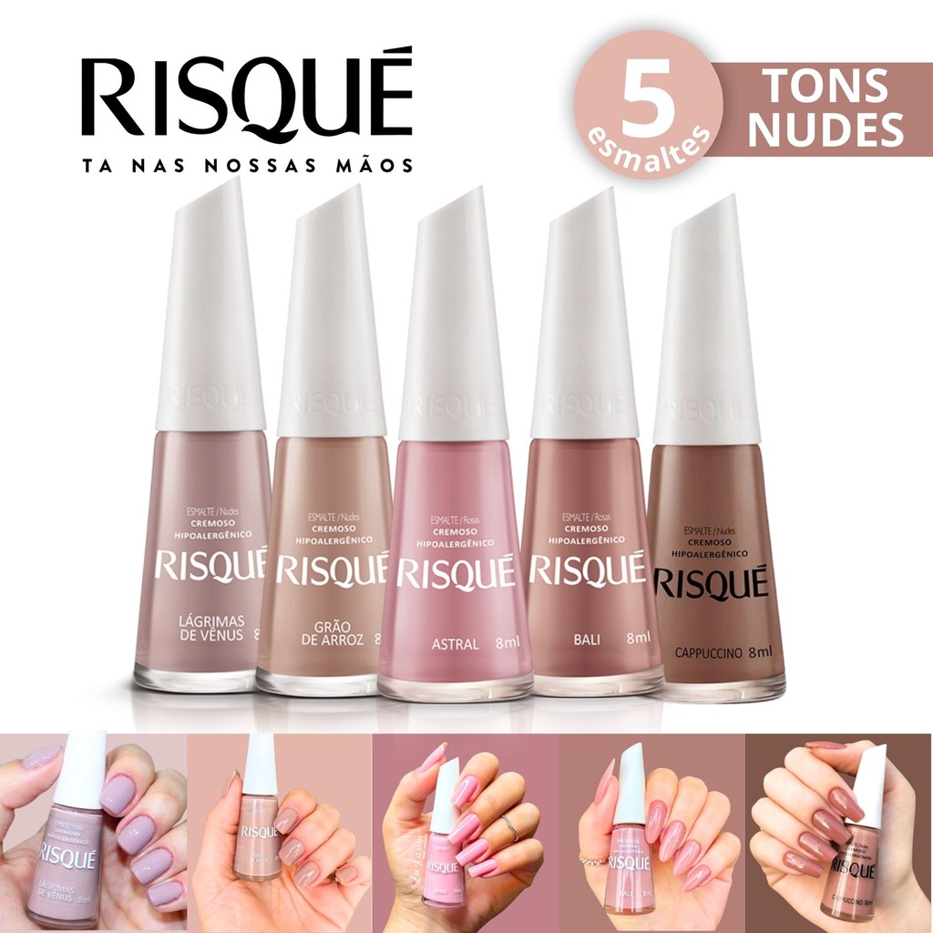 Kit 5 Esmalte Atacado Risque Tons Nudes Clássicos Hipoalergenico 8ml