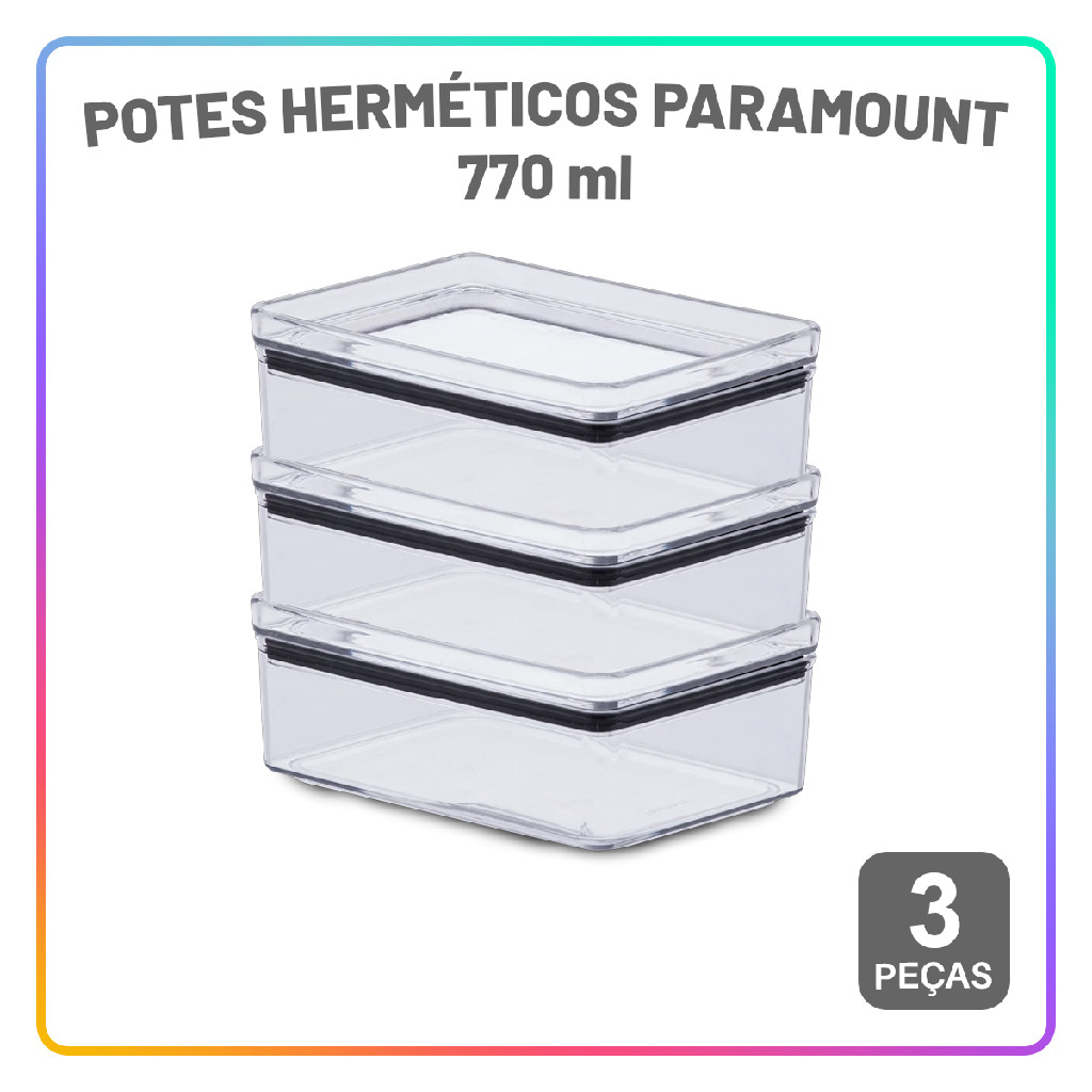 Pote Hermético 3 peças 770 ml Conjunto com tampa de 4 Travas para Mantimentos Marmita - Microondas - Home & Living